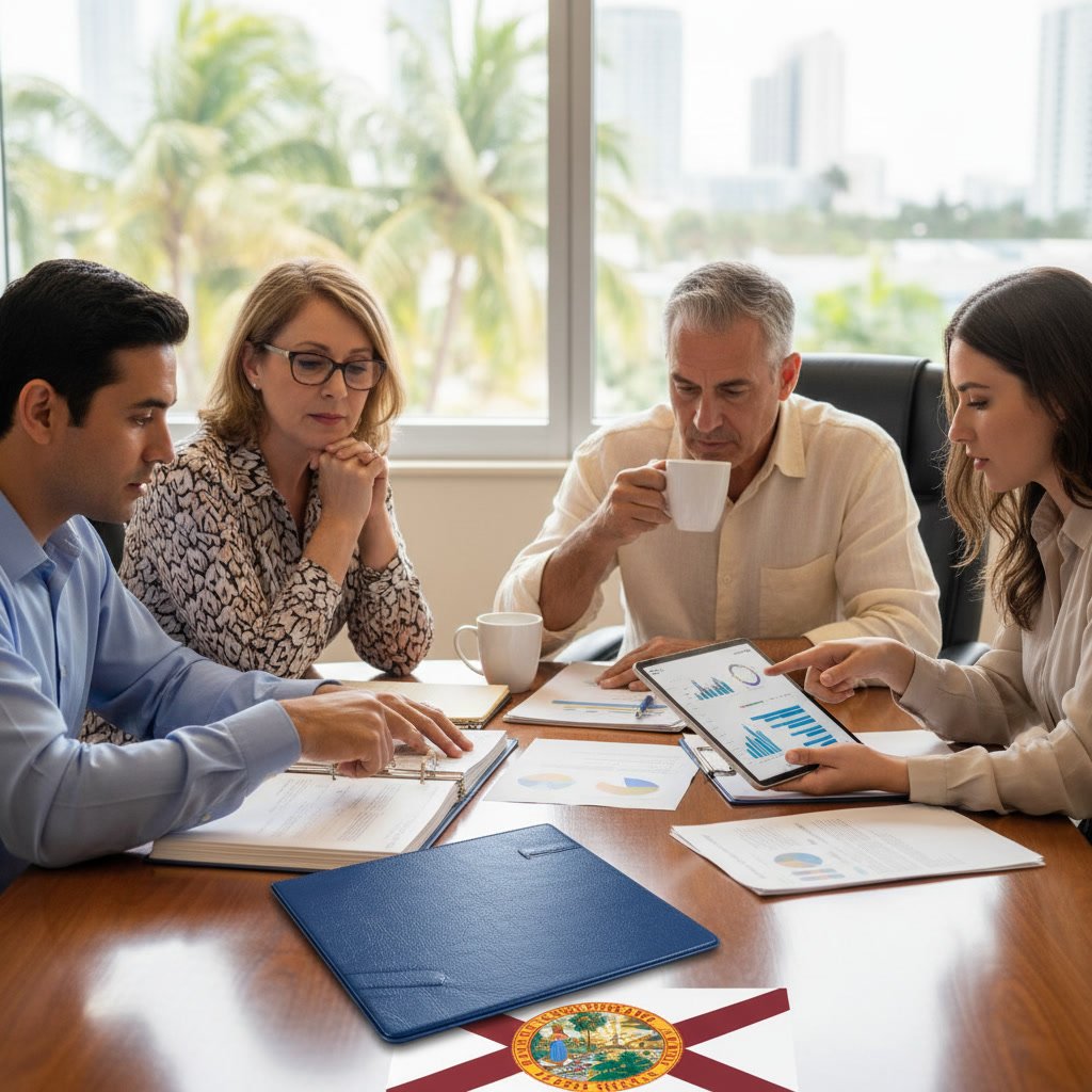 Bilingual tax preparation meeting between accountant and Florida business owner