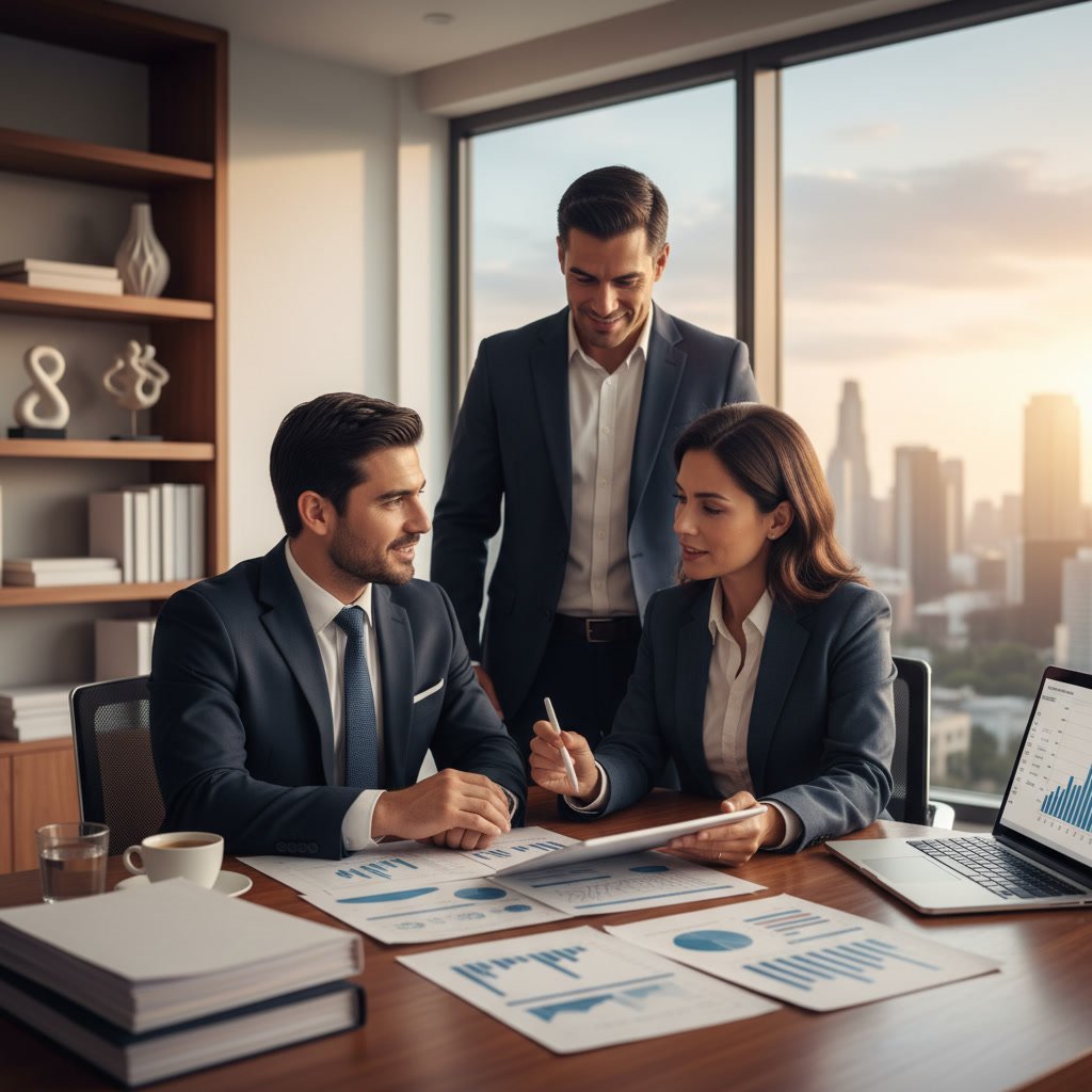 Bilingual tax professional consulting with Spanish-speaking business owner in Tampa Florida office