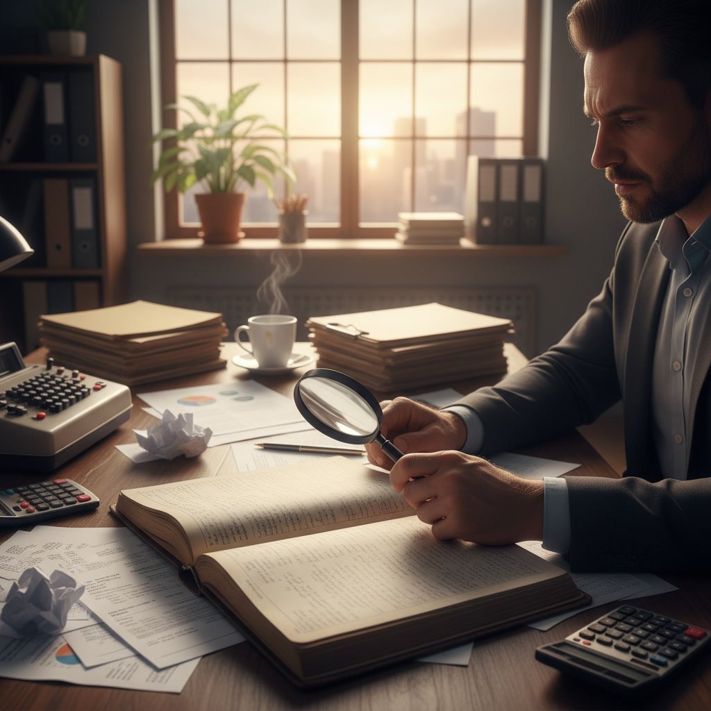 Business owner reviewing bookkeeping documents for SBA loan application in Texas