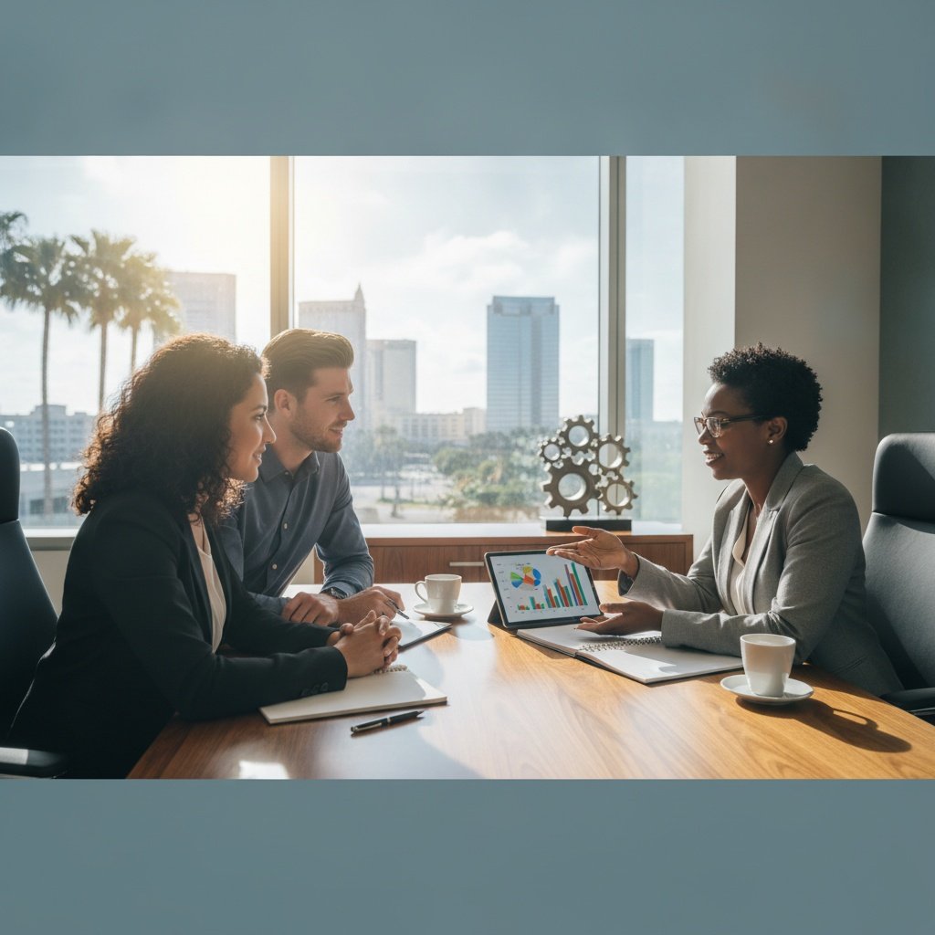 Professional reviewing financial documents during first financial consultation in Tampa office