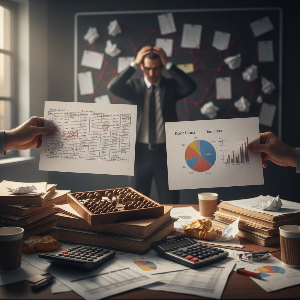 Business owner reviewing financial discrepancies requiring accounting audit