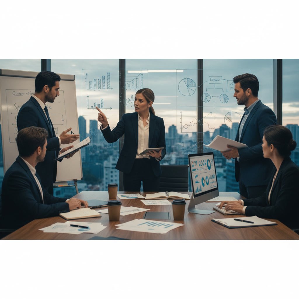 Business owner reviewing financial documents with tax accountant at desk