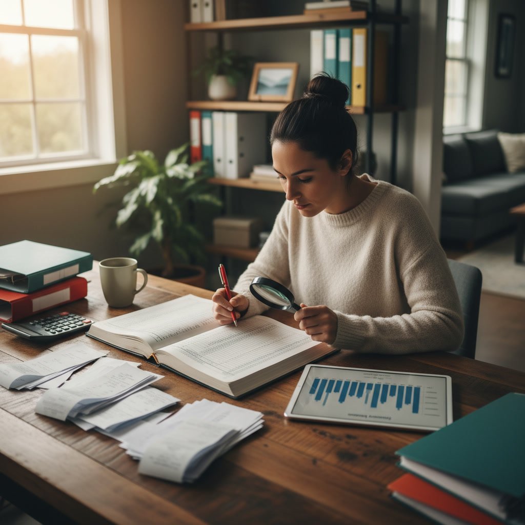 Business owner reconciling bank statements to correct bookkeeping mistakes