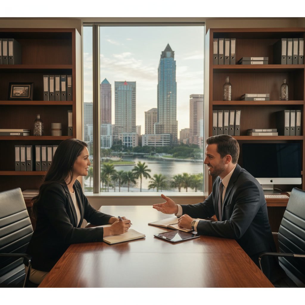Professional financial consultant meeting with client in modern Tampa office for first financial consultation