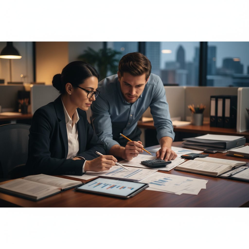 Professional accountant reviewing financial statements to fix accounting errors before tax filing