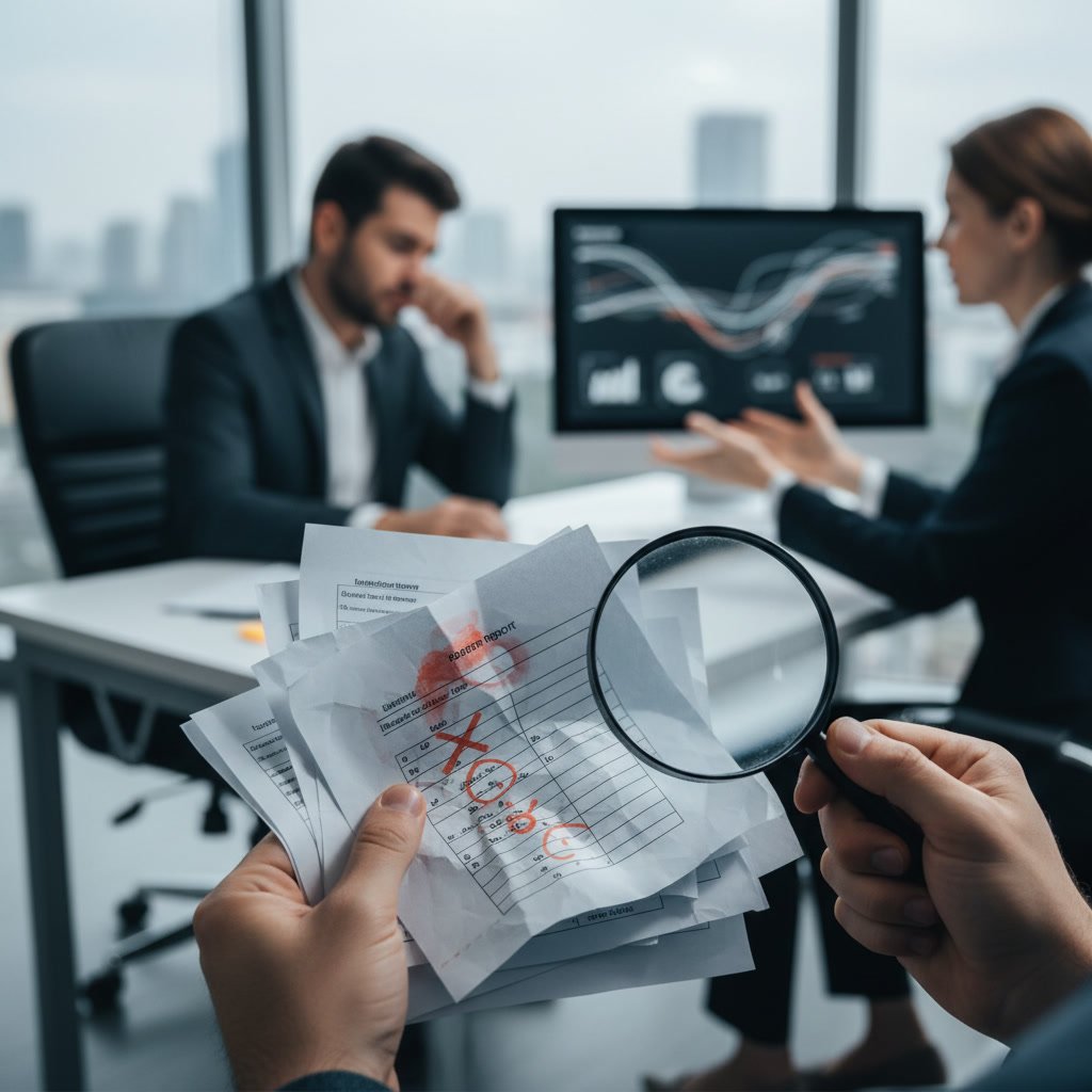 Professional reviewing credit report for errors with magnifying glass and documents