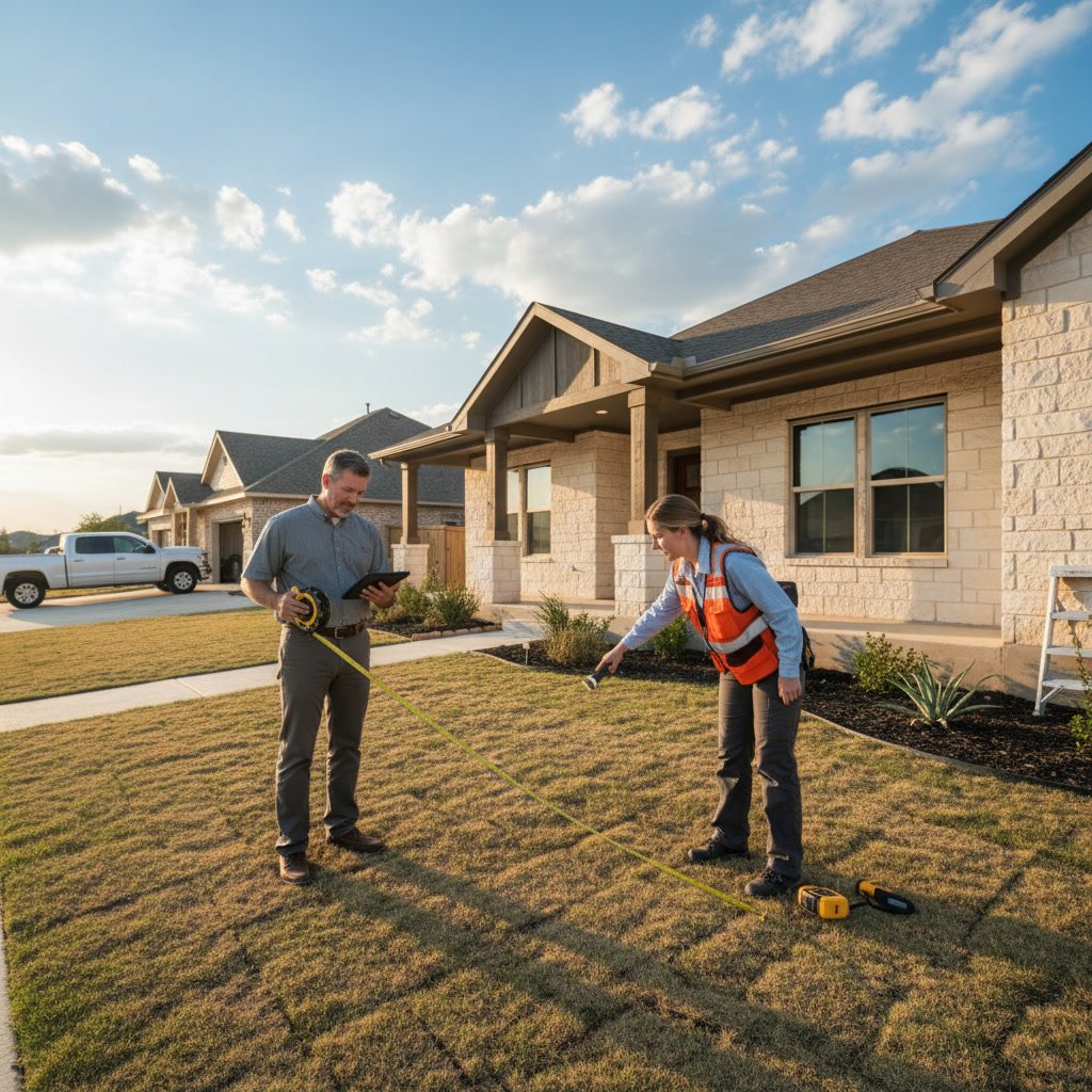 appraiser evaluating home exterior with clipboard and measuring tools
