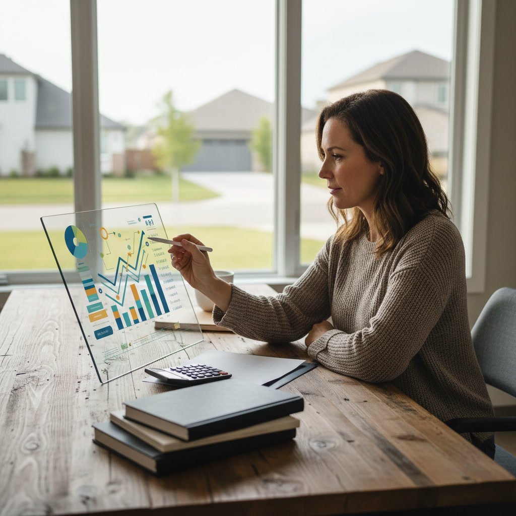 Self-employed business owner reviewing tax documents and mortgage application papers at desk