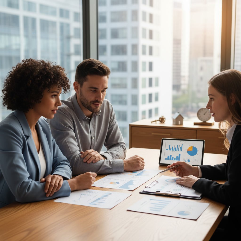 professional reviewing mortgage loan application documents with couple at office desk
